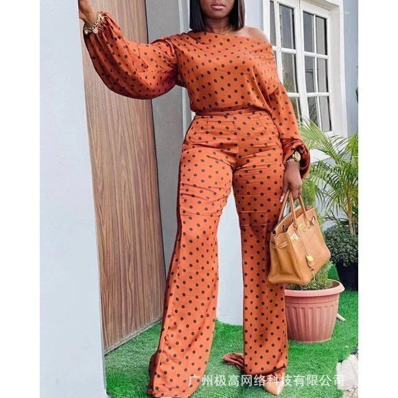 Pants - Two Piece Set Polka Dot Print Lantern Sleeve Top & Wide leg Pants Size M‎